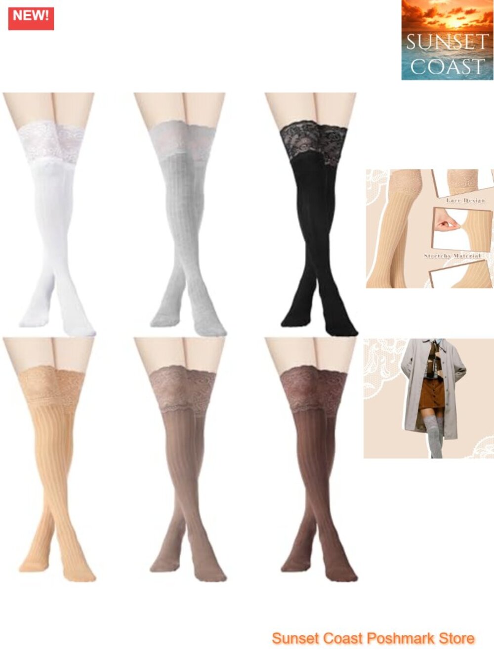 Lace Thigh High Socks Over the Knee Cotton 6 Pairs